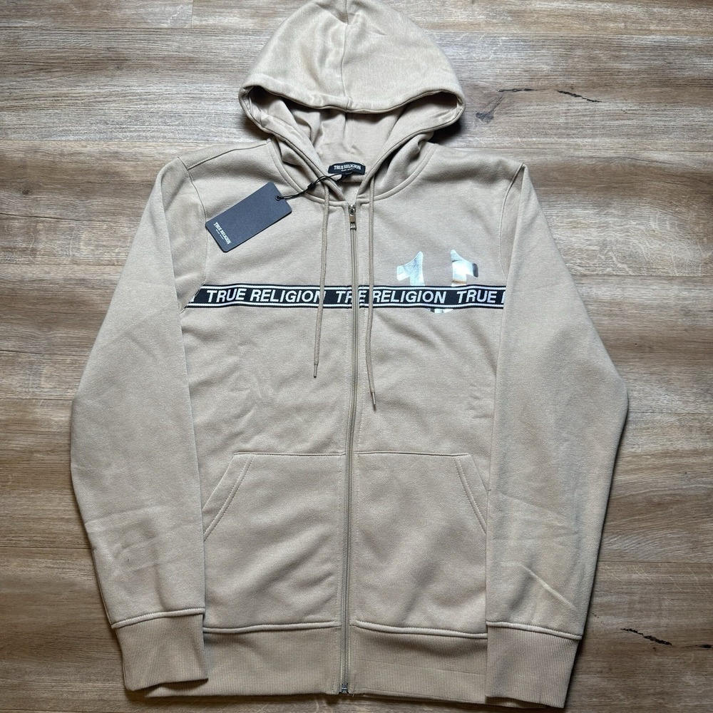 True Religion Zip Hoodie Men Medium Travertine Beige Foil Logo Taping 700315 New